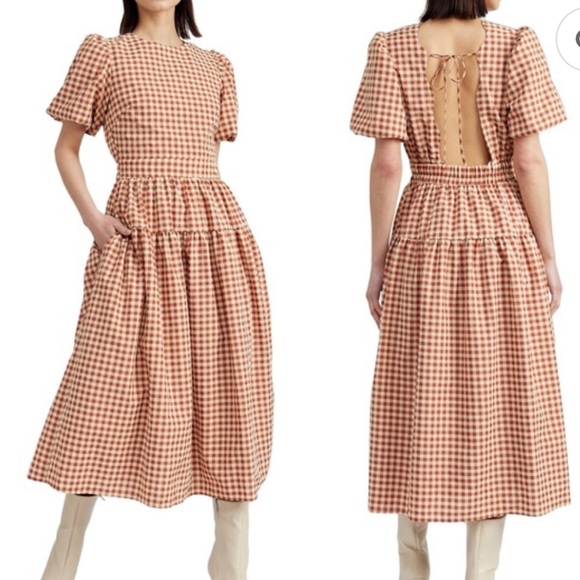 En Saison Dresses & Skirts - NWT En Saison Juni Gingham Bubble Sleeve Tie-Back Midi Dress Brick Womens L